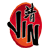 Pixelated red oval icon with black stylized text and gray accents on a transparent background.