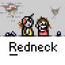 Animated contact sheet of a pixel art buddy icon showing two stick figures with red necks and yellow bodies in various poses across 17 frames, each labeled "Redneck" below.