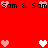 Red background with repeated 'Sam & Sam' text and pink/white pixel hearts in a pattern