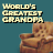 Pixelated image with text 'WORLD'S GREATEST GRANDPA' in blocky beige letters on teal background, partially showing a brown pixelated figure.