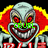Pixelated cartoon clown with red eyes, gray face, and wide grin, surrounded by red and yellow border, with green text overlays.