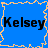 Three blue square icons with orange jagged borders display the text 'Kelsey' in black pixelated font, arranged in a with one empty gray space
