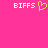 A static image with a bright pink background displays two instances of the text 'BIFFS' in white pixelated font, each accompanied by a yellow heart symbol.