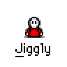 A 4x4 grid of pixel art frames showing a red-shirted character with white face and black outline performing various poses against gray background, each frame labeled with repeated text below.