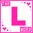 Six identical pixel art display a large pink 'L' with 'THE' above and 'WORD' below, each featuring a small pixel heart in a different corner