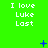 Green background with repeated white text "I love Luke Last" in three , blue pixelated symbols scattered across the image