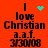 Red background with black text reading 'I love Christian a.a.f. 3/30/08' and cyan pixel art symbols changing across observations.