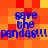 Pixelated blue text 'save the pandas!!! pandas!!!' repeats across a of orange and yellow squares on a static image