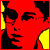 Pixelated red background with black and yellow shapes forming a stylized face in profile view.