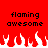 Red background with black pixelated text 'flaming awesome' repeated twice above white and red flame shapes.