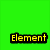 Green background with yellow text reading Element, Kicks, and Ass in separate sections above a red square containing a white circular logo.