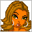 Pixelated cartoon woman with orange skin and curly brown hair winks, shifts pose, and text appears in