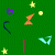 Green background with scattered pixelated shapes including stars, spirals, hearts, arrows, and a smiley face in various colors.