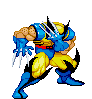 Pixel art of a muscular character in blue and yellow costume with extended claws, shown across six sequential poses on gray background.