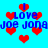 Pixelated blue background with red heart shapes and repeated text elements in blue pixel font.