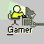 Pixelated icon of a person in yellow shirt sitting at desk with computer, text "Gamer" below; animation shows red dot on head and spreading red splatter effects.