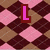 Pixelated diamond-patterned background with pink and brown tones, featuring large purple letters spelling 'L A U' above a horizontal line and 'R A Laura' below it.