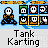 Pixelated character in orange and blue outfit with white helmet, seated in tank on gray background with green and blue elements, text "Tank Karting" below.