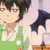 Pixelated anime-style character with black hair and green eyes wears a white shirt under a green vest, standing against light purple background.