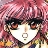 Pixelated anime-style character with pink hair, dark bangs, and closed eyes, wearing a white mask-like face covering with a circular mouth opening.