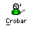 Pixel art animation of a green-shirted character with white face and black eyes holding a stick, interacting with blue characters against gray background.