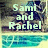 Pixelated image with text overlays over a beach scene background, showing two states of text: 'Sami and Rachel' on the left and 'Bestest Friends Forever' on the right.