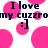 Pixelated text reads "I love my cuzzromy : ]" over pink circles on white background.