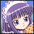 Pixelated anime-style character with purple hair and blue eyes, wearing a white headband and orange clothing against a blue background.