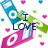 Animated icon with blue and pink iPods, green accents, and scattered hearts on white background, text changes from "I LOVE" to "MY IPOD".