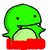 Green cartoon turtle with light green belly and black eyes, positioned above colored rectangular bars with text, each bar changing color across frames.
