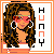 Pixelated image of a person with long brown hair wearing pink sunglasses and large white hoop earrings, framed by an orange border with vertical text.