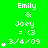 Green background displays repeated text "Emily & Joey = <3 3/4/09" with alternating white and pink heart symbols in a