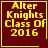 Four identical pixelated display yellow text on a dark red background with a yellow border, each containing "Alter Knights Class Of 2016" and one has a small heart symbol