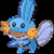 Pixelated blue amphibian creature with orange fins and white underbelly, shown in two poses against black and white backgrounds with red text below.