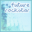Pixelated icon with 'future rockstar' text over light blue background featuring abstract cityscape and vertical tree-like shape.