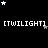 Black background with white and gray stars scattered , four of [TWILIGHT] text in white pixelated font, gray square in bottom-right corner