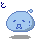 Pixelated blue blob with closed eyes and mouth, small bubble on top, gray shadow below; text above reads とほほ in various punctuation forms.