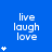 Blue background with white text 'live laugh love' repeated in three , each containing a vertical stack of star symbols increasing from one to four stars