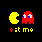 Pixel art featuring yellow Pac-Man and red ghost with blue eyes, each paired with 'eat me' text in yellow and red lettering on black background.