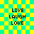 Pixelated text 'LIVE LAUGH LOVE' on a yellow and cyan checkered background with subtle animation effects.
