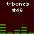 Pixelated green bar graph animation on dark red background with repeated white text 't-bones #46' in four positions.