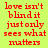Red text on yellow background with blue highlight bars shifting across of the phrase "love isn't blind it just only sees what matters"