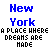 Pixelated text displays 'New York' in blue above a black banner reading 'A PLACE WHERE DREAMS ARE MADE', with pink highlighting on 'DREAMS'