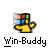 Pixelated static icon of a yellow hand holding a rainbow-colored grid above the text 'Win-Buddy' on gray background.