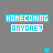 blue and white text blocks reading 'HOMECOMING ANYONE?' with scattered pixelated snowflake and zigzag patterns on a gray background
