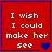 Red square with blue border displays pixelated text "I wish I could make her see" and heart symbols changing across four