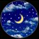 Circular icon with blue night sky background, white clouds, yellow crescent moon, and white stars; one frame shows a white shooting star.