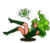 Pixelated green-haired figure in dark green outfit with blue accents, reclining on brown base, green speech bubble with clover pattern, four variations of pose and speech bubble text.
