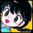 Pixelated anime-style character with black hair and large eyes, wearing yellow top with blue accents, red heart-shaped mouth, and white face against black background with text.