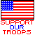 Static pixel art icon featuring a stylized American flag above bold text reading "SUPPORT OUR TROOPS" in red and blue block letters on white background.